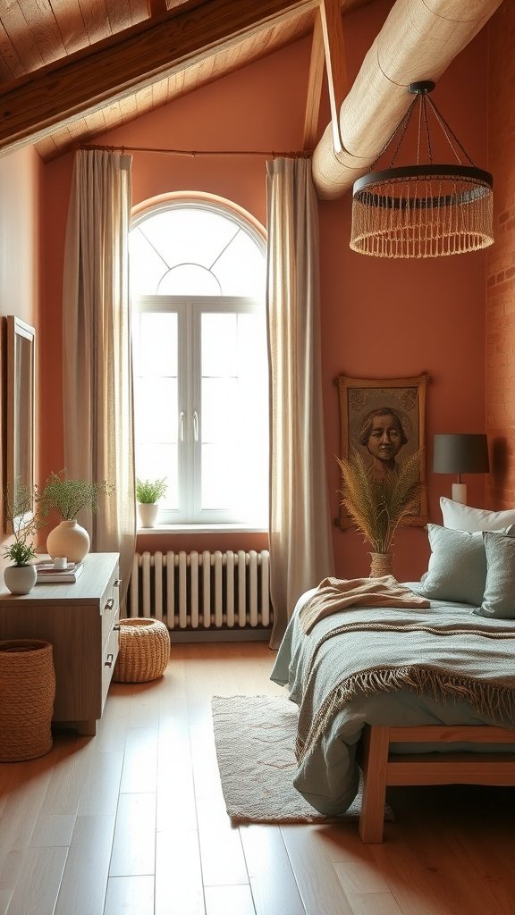 Cozy Boho bedroom with earthy color palette, featuring terracotta walls and natural textures.