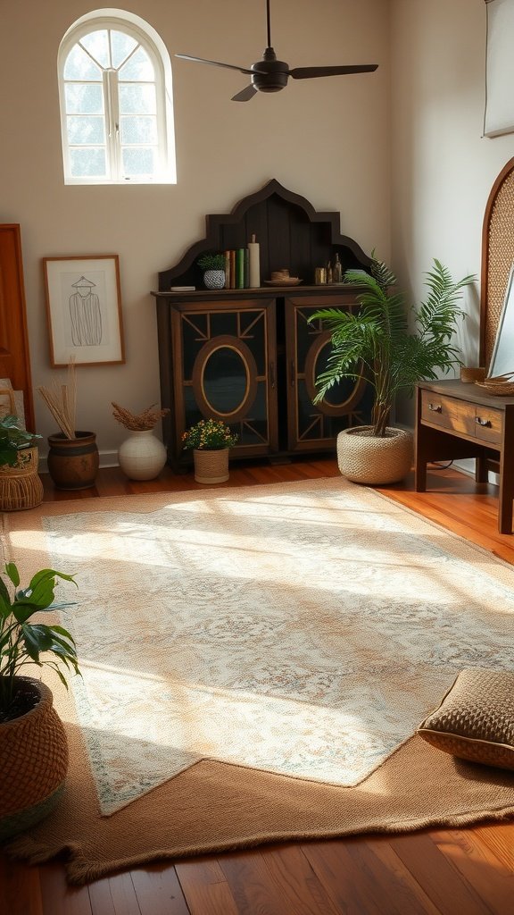 A cozy room with earthy colors, featuring plants and wooden furniture.