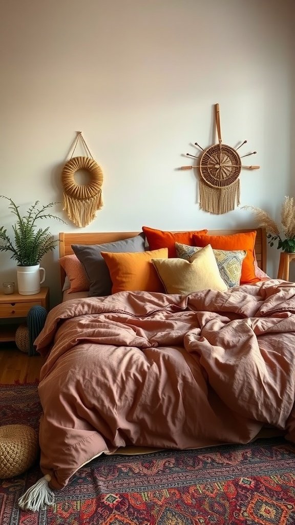 A boho bedroom featuring earthy bedding in terracotta and mustard tones with natural decor.