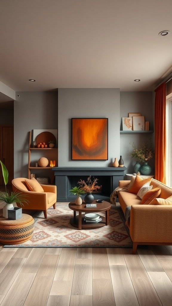 A modern living room featuring earthy tones and terracotta accents, with cozy seating and decorative elements.