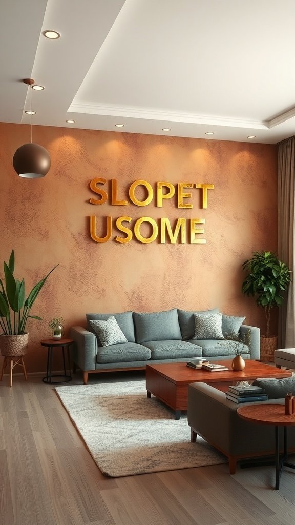 A stylish living room featuring textured earthy wall treatments, a comfortable sofa, and plants.