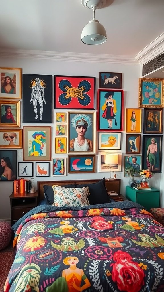 A cozy bedroom featuring an eclectic display of framed art on the wall, colorful bedding, and a blend of textures.
