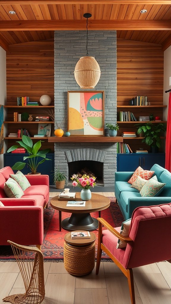 A cozy and colorful living room featuring pink and blue sofas, a round coffee table, and rustic wooden elements.