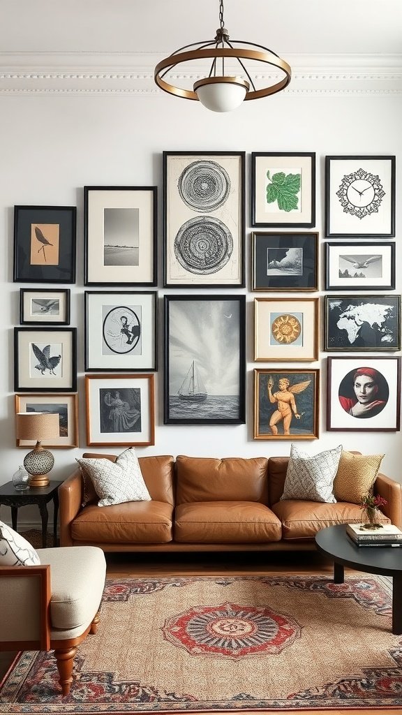 An eclectic gallery wall featuring a variety of framed artworks above a brown leather sofa.