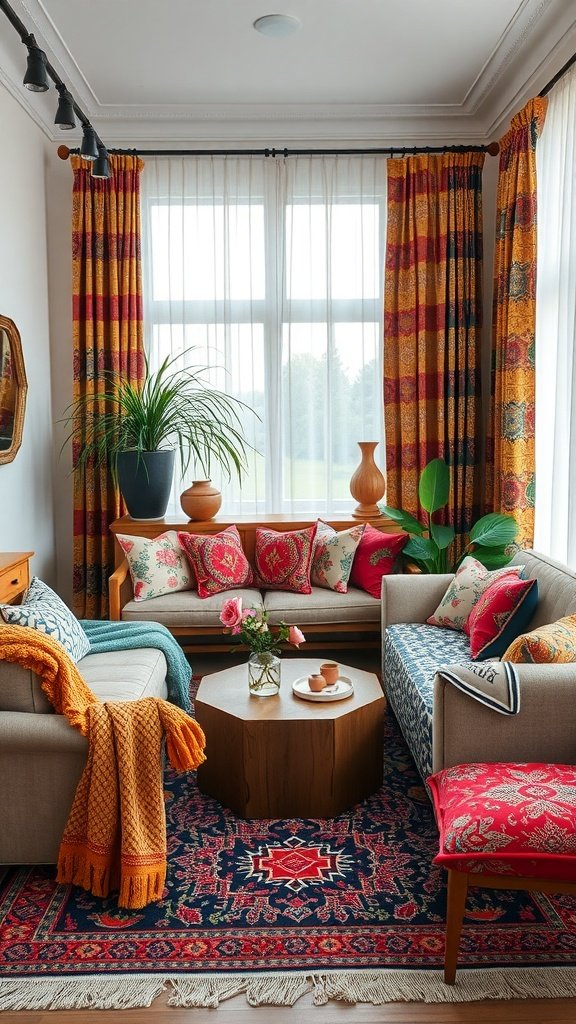 Cozy boho living room with colorful patterned cushions, a geometric rug, and vibrant curtains.