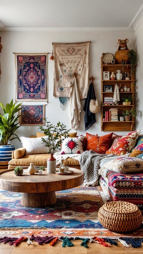 A cozy boho living room featuring layered rugs and eclectic textiles.