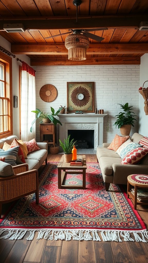 A cozy boho living room featuring eclectic textiles, including a patterned rug, colorful cushions, and natural materials.