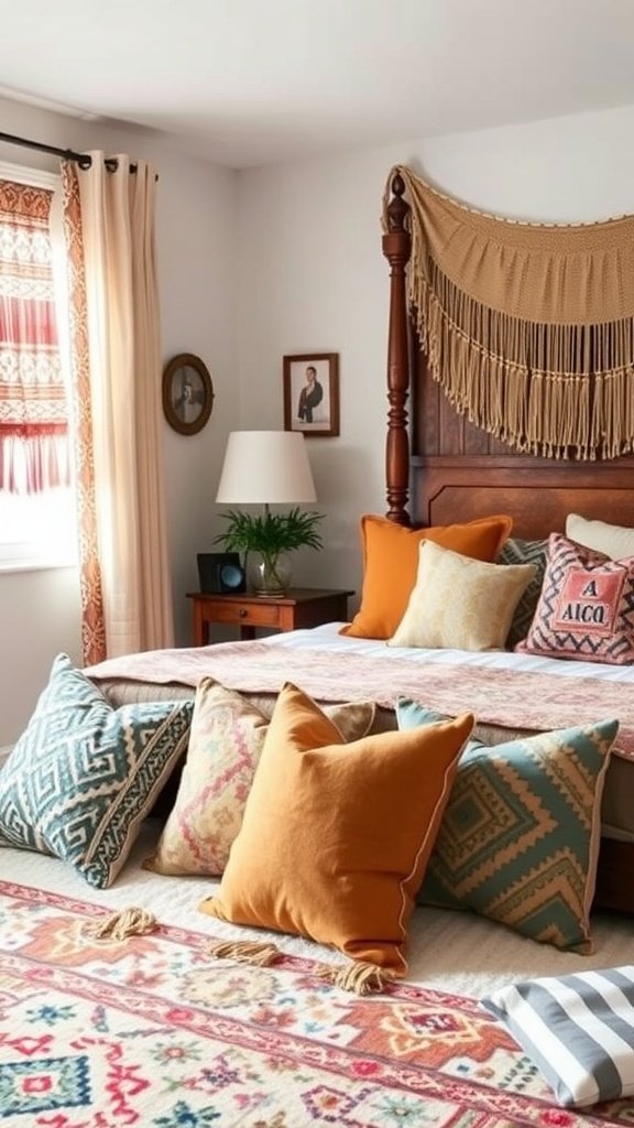 A cozy boho bedroom showcasing various eclectic throw pillows on a bed.