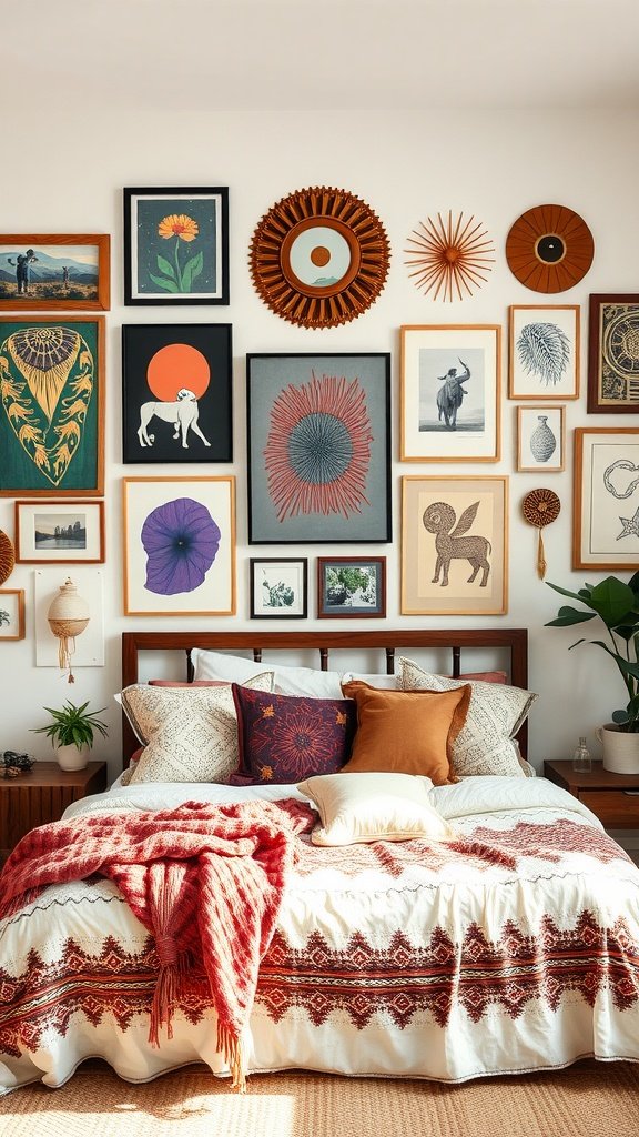 Eclectic wall art in a boho bedroom, showcasing a variety of framed prints and decorative pieces.