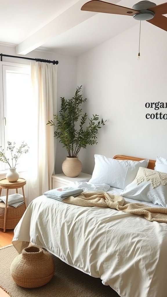 A cozy bedroom with a bed dressed in organic cotton linens, a potted plant next to a window, and a natural fiber rug.