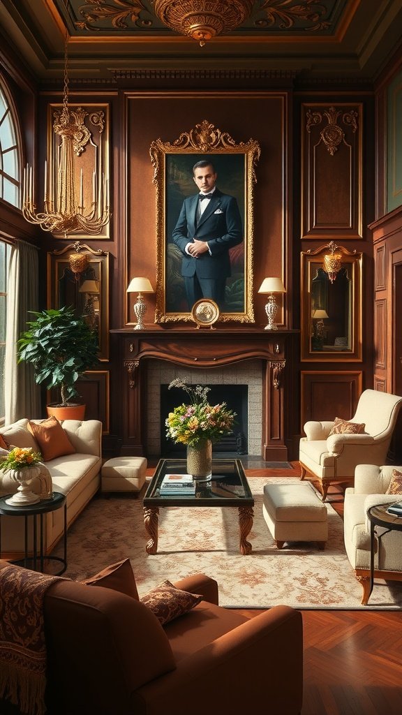 A living room featuring a brown and gold color scheme with elegant furniture and decor.