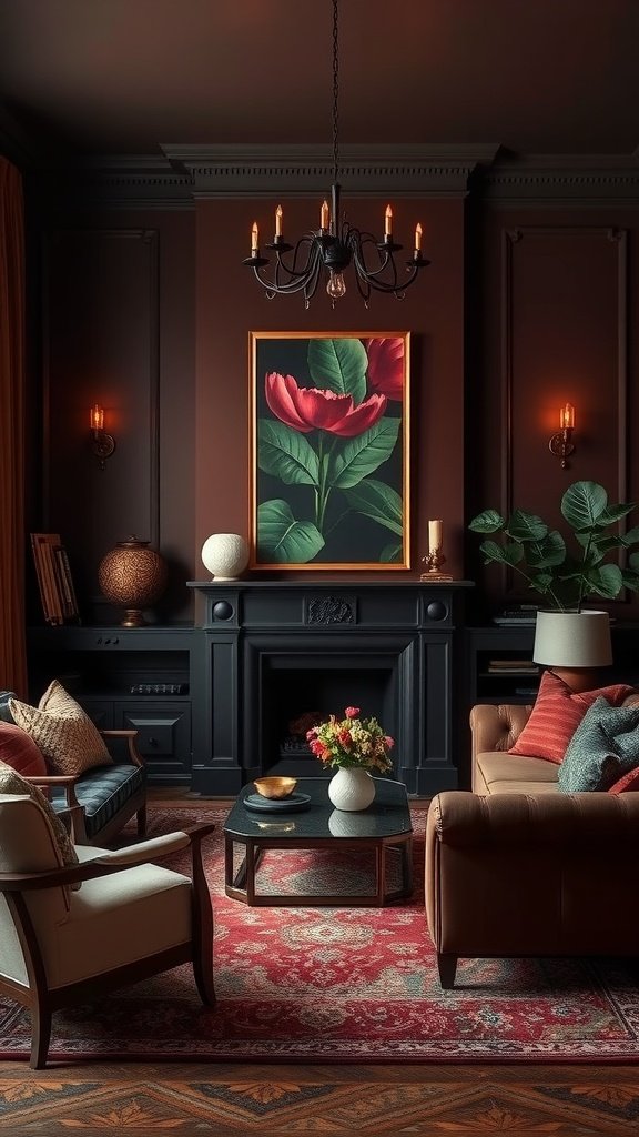 A dark boho living room featuring a rich wall color, elegant decor, and cozy furniture.
