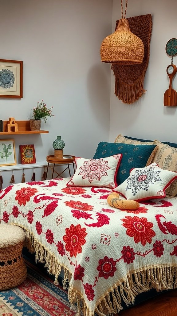 A boho bedroom featuring a beautifully embroidered throw blanket and pillows with floral patterns, creating a cozy and artistic atmosphere.