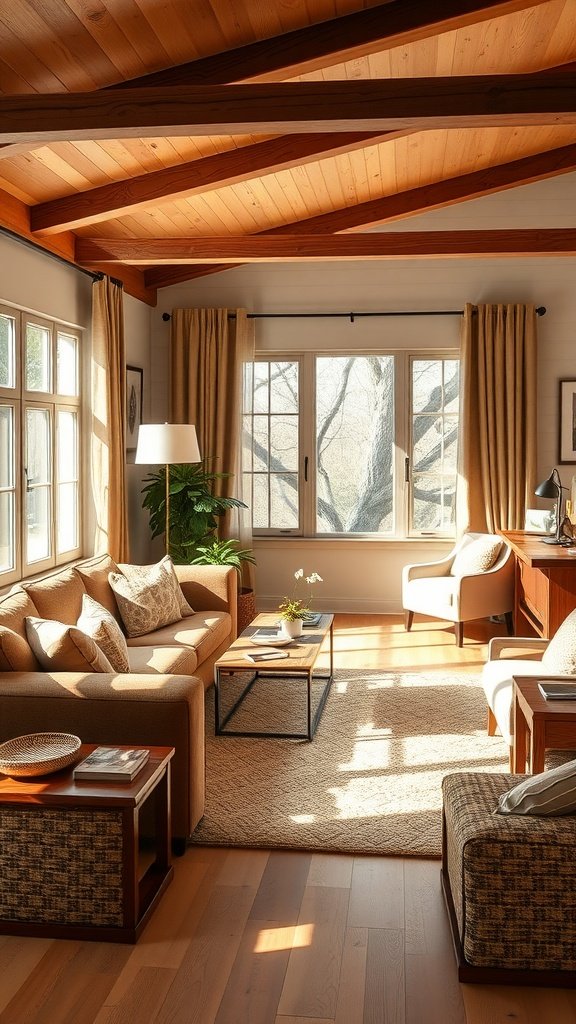 Cozy family living room with brown fabric furniture and warm wooden accents.