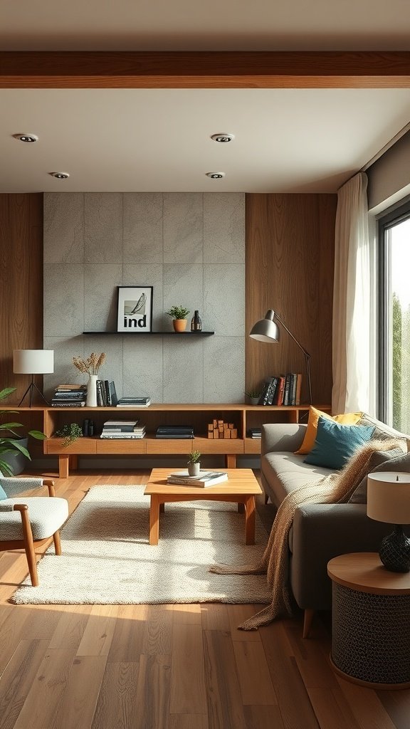 A cozy living room with wooden elements, soft furnishings, and a warm atmosphere
