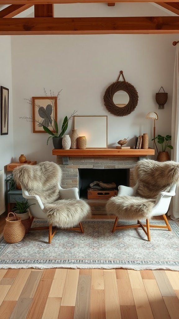 Cozy living room with faux fur accents and warm decor