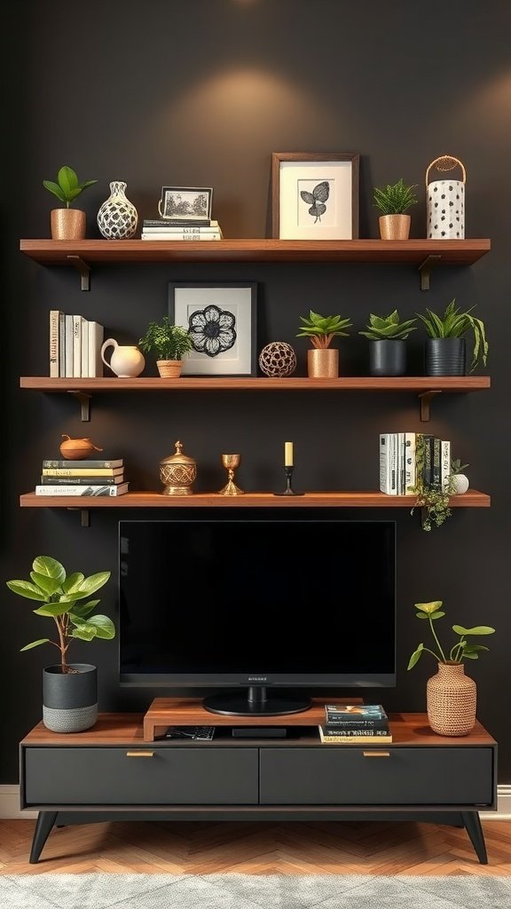 Floating shelves displaying plants, books, and framed art above a TV unit.