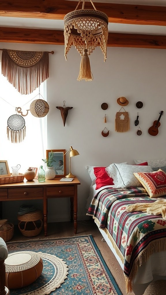A cozy boho bedroom with macramé decorations, colorful textiles, and a touch of nature.