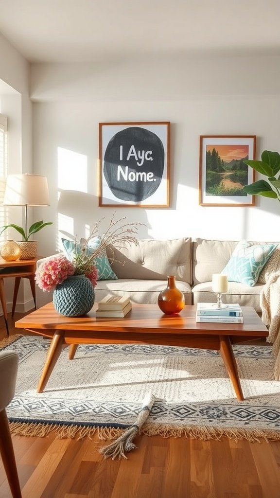 A cozy living room featuring a wooden coffee table, decorative pillows, and wall art.
