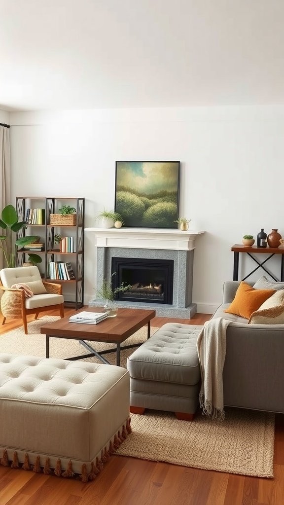 A cozy living room featuring a fireplace, neutral colors, and various soft textures.