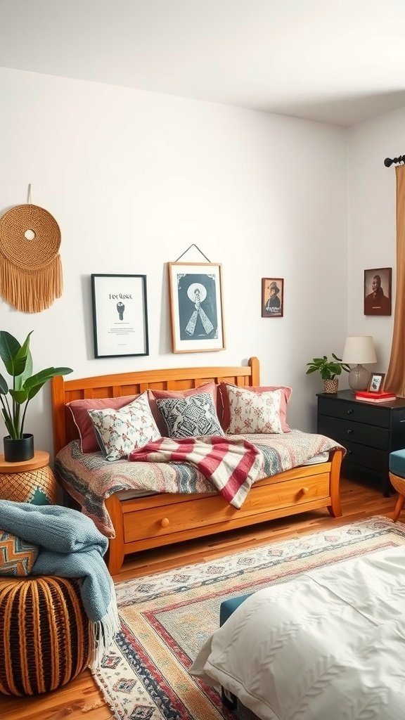 Cozy boho bedroom with a wooden daybed, colorful cushions, and decorative wall art.