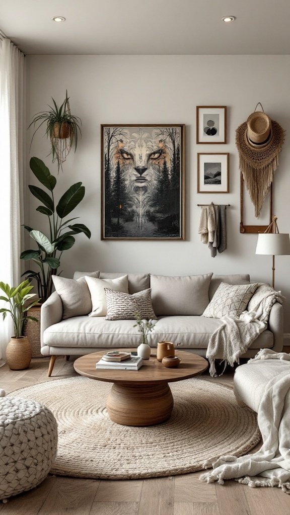 A cozy boho living room with a light sofa, round coffee table, and plants.