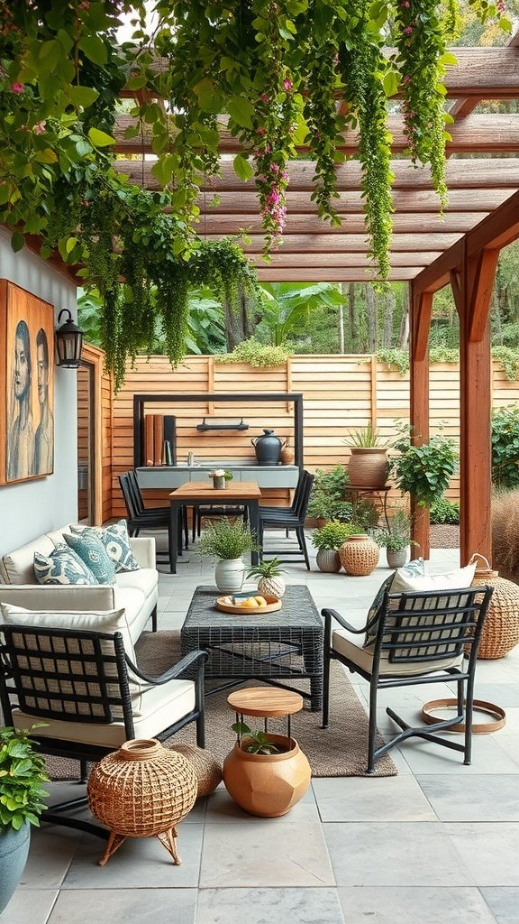 A stylish outdoor living area featuring a seating arrangement, dining table, and decorative plants.