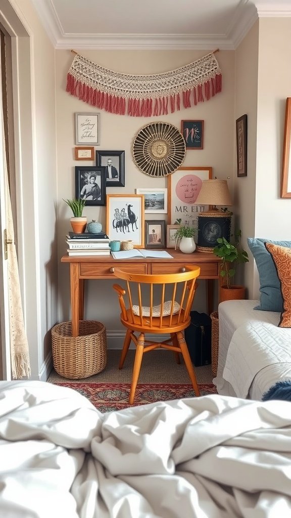 A cozy study area featuring a wooden desk, colorful decor, and plants, perfect for a boho-themed bedroom.