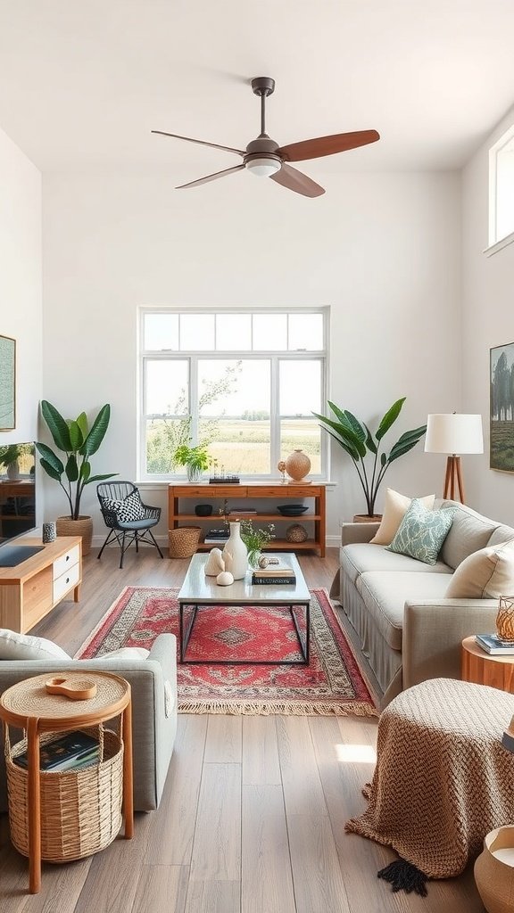 A stylish living room featuring an open layout with a mix of textures, plants, and earthy tones.