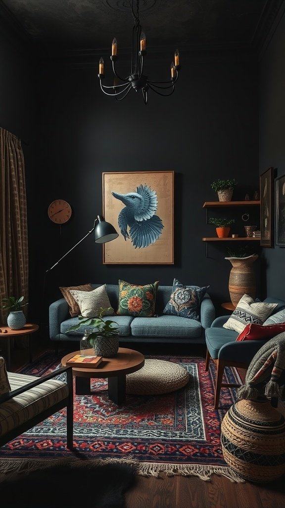 A dark boho living room featuring a mix of patterns in textiles and decor.