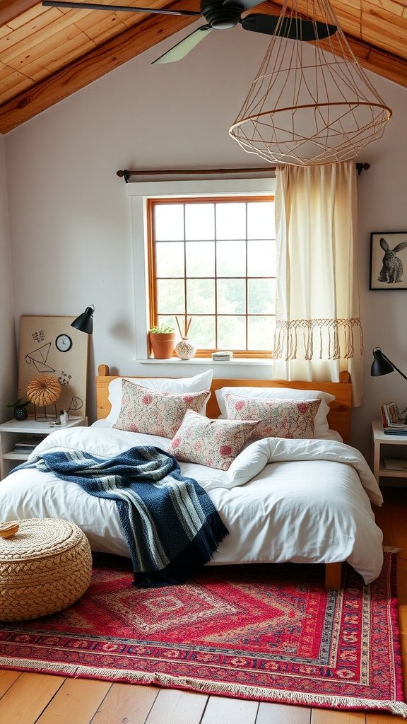 A cozy bedroom featuring futon-style bedding, a decorative rug, and soft lighting.