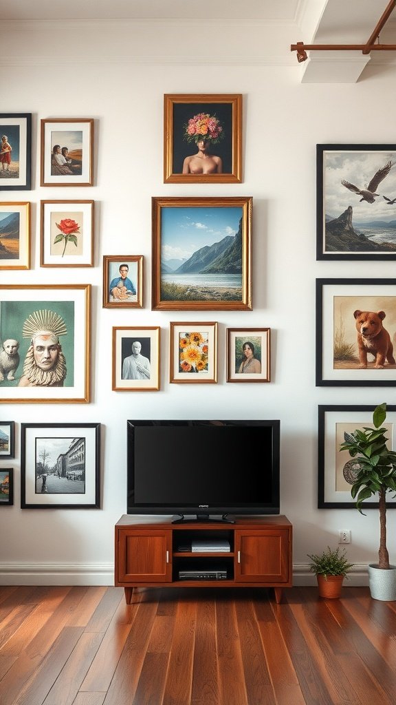 Gallery wall with various framed art pieces surrounding a TV.