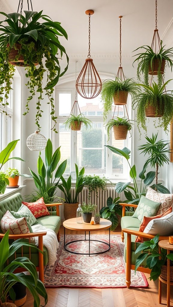 A beautifully designed living room filled with various plants, featuring hanging planters and cozy seating.