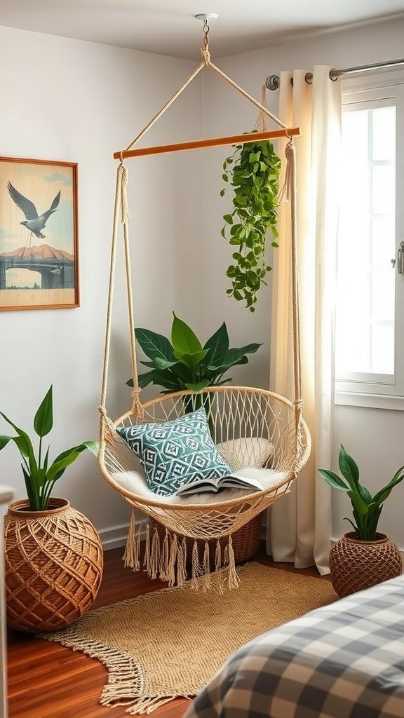 A hammock chair hanging in a bright room with plants and decorative elements.