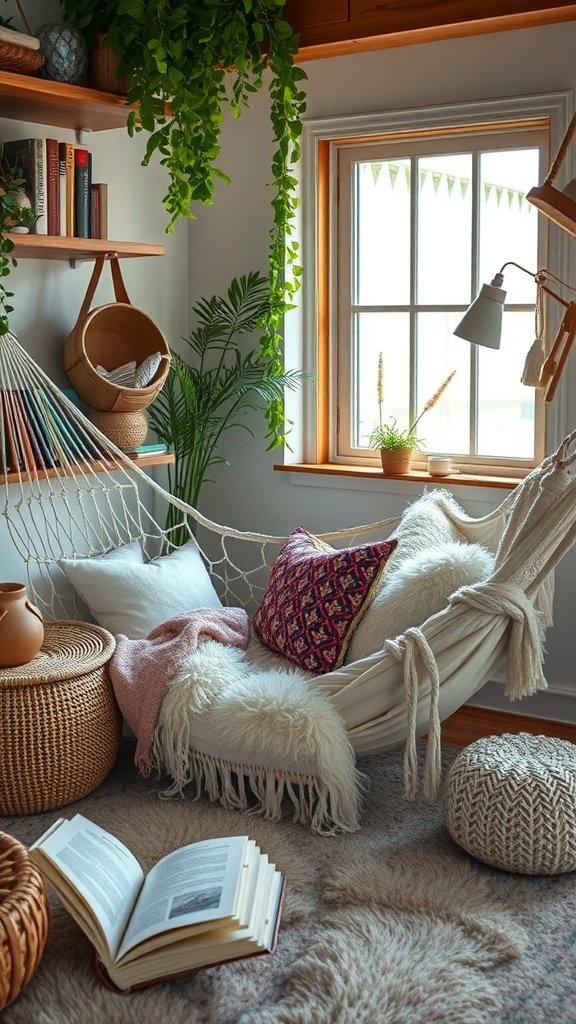 A cozy corner featuring a hammock surrounded by plants and soft furnishings, creating a relaxing atmosphere.