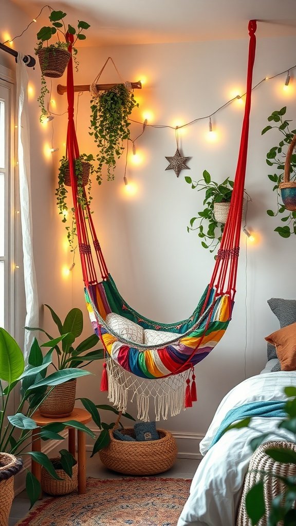 A colorful hammock hanging in a cozy boho bedroom with plants and string lights.