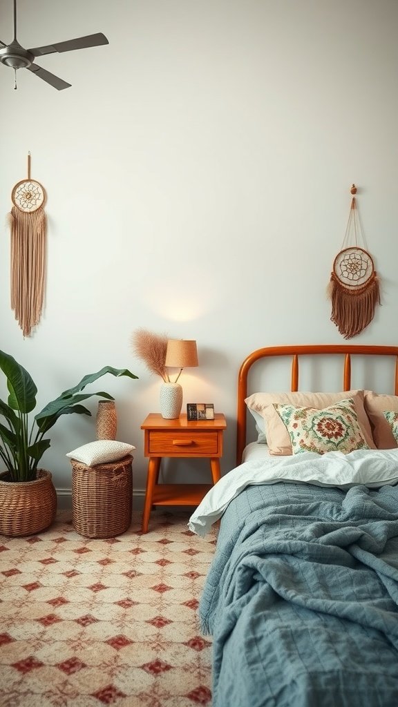 A cozy boho bedroom featuring handcrafted accessories like macramé wall hangings and woven baskets.