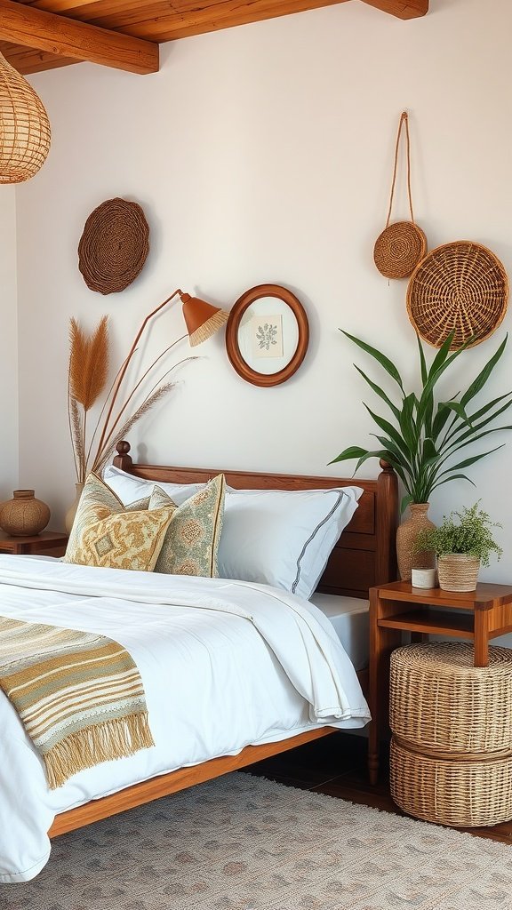 A cozy bedroom featuring a wooden bed, colorful pillows, woven wall decor, and potted plants.