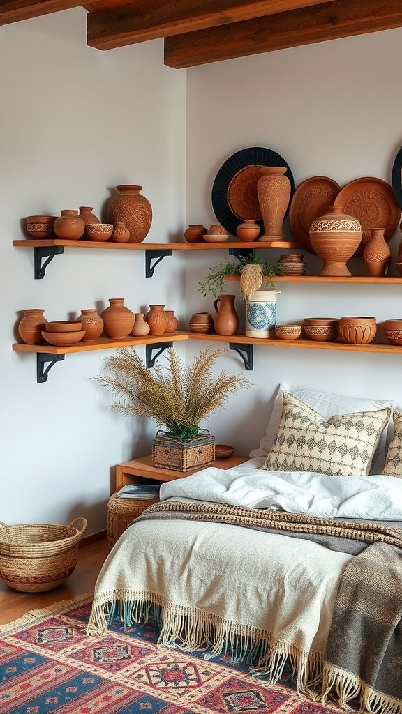 A cozy boho bedroom featuring handcrafted pottery decor on shelves, with a bed adorned in soft textiles.