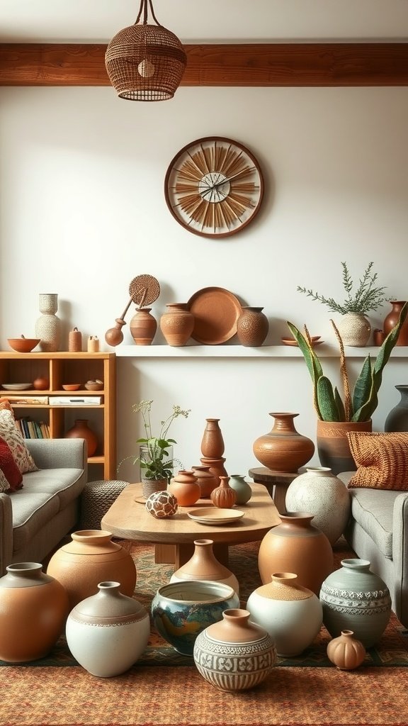 A cozy living room featuring various handmade pottery and ceramics on display