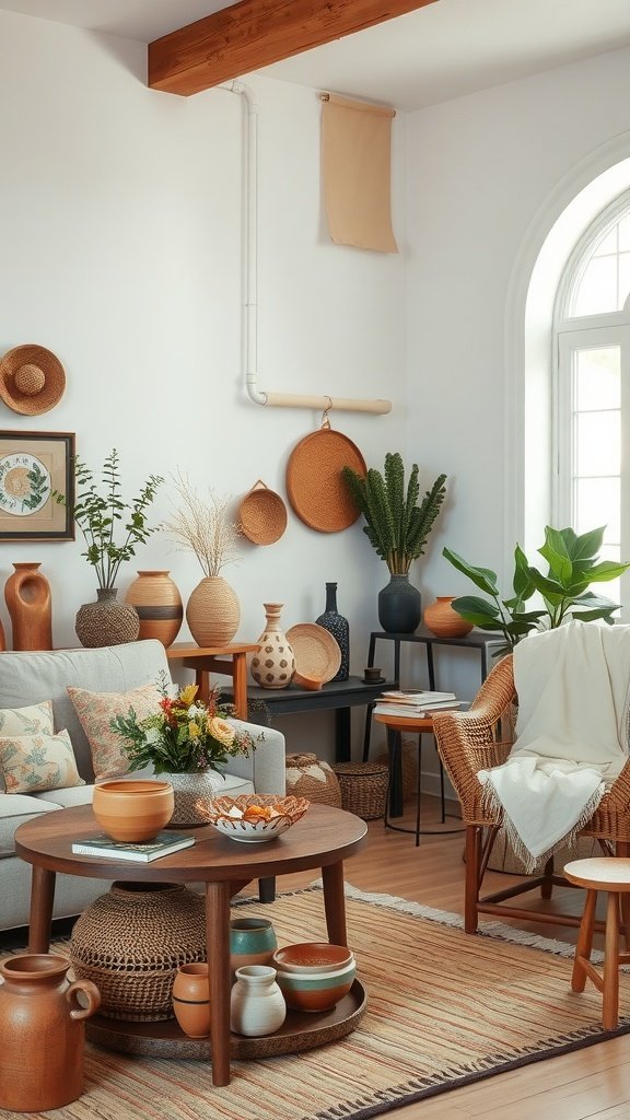 A cozy living room featuring various handmade pottery and decor, including potted plants, a rattan chair, and a wooden coffee table.