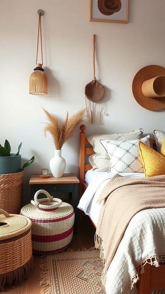 A cozy boho bedroom featuring handwoven baskets for storage, plants, and warm decor.