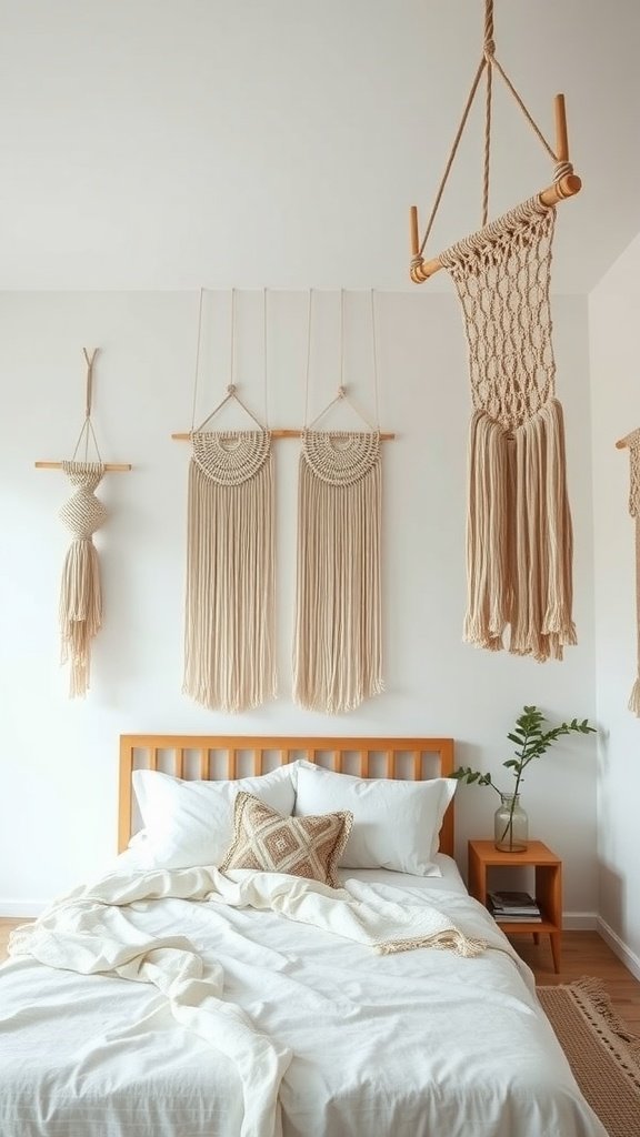 A boho bedroom featuring hanging macrame decor on the walls.