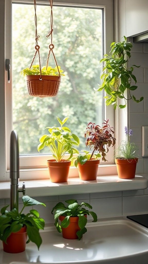 A kitchen windowsill with various potted herbs and a hanging plant.