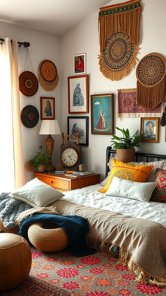 A cozy boho bedroom with cultural influences including woven decor, framed art, and plants.