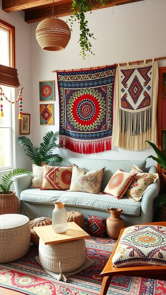 Cozy bohemian living room with vibrant textiles, pillows, and wall hangings.