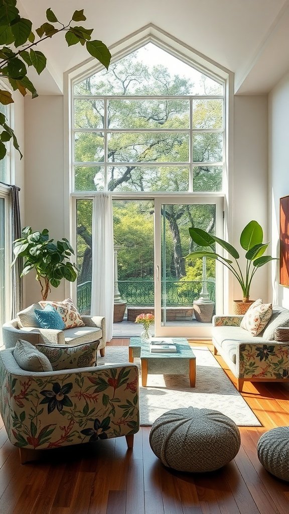 A bright living room with large windows, floral patterned furniture, and indoor plants.