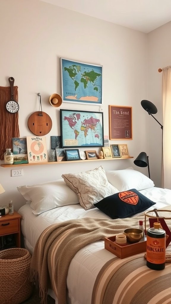 A cozy boho bedroom with travel souvenirs, including maps and artistic decor.