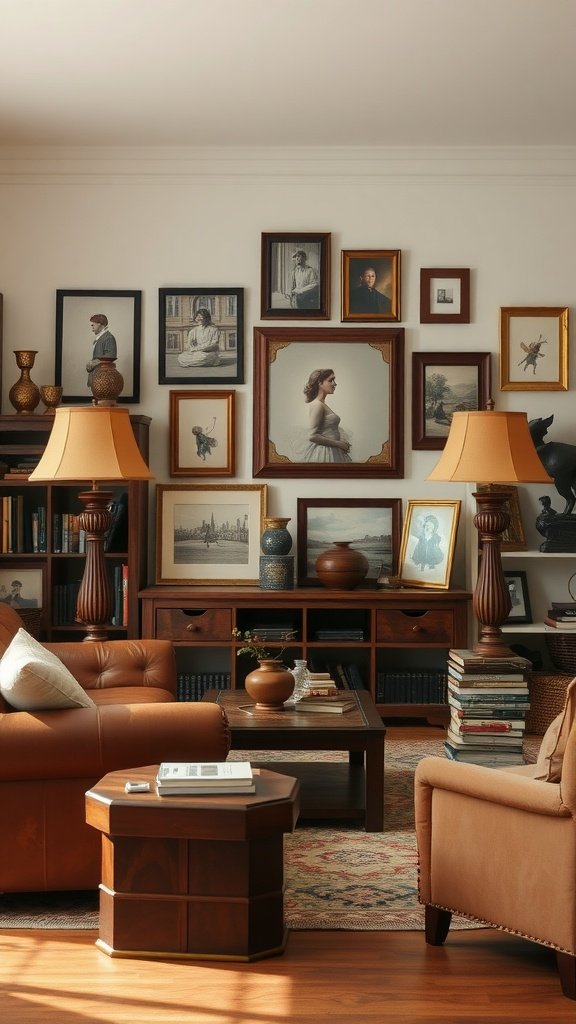 A cozy living room featuring vintage brown accessories, including lamps, vases, and framed artwork.