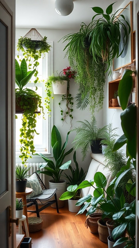 A cozy indoor garden filled with various plants, showcasing a small space transformed with greenery.